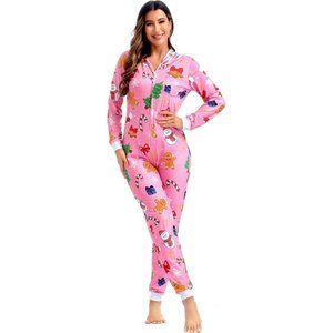 Christmas One Piece Pajama Women's Pink Festive Jumpsuit Pj Bum Flap Brand New